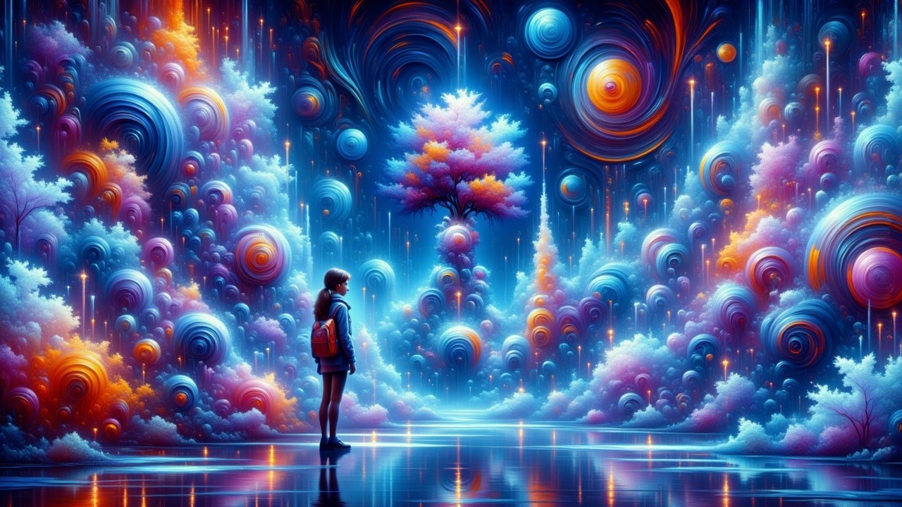 Serene Figure in Vibrant Dreamlike Landscape