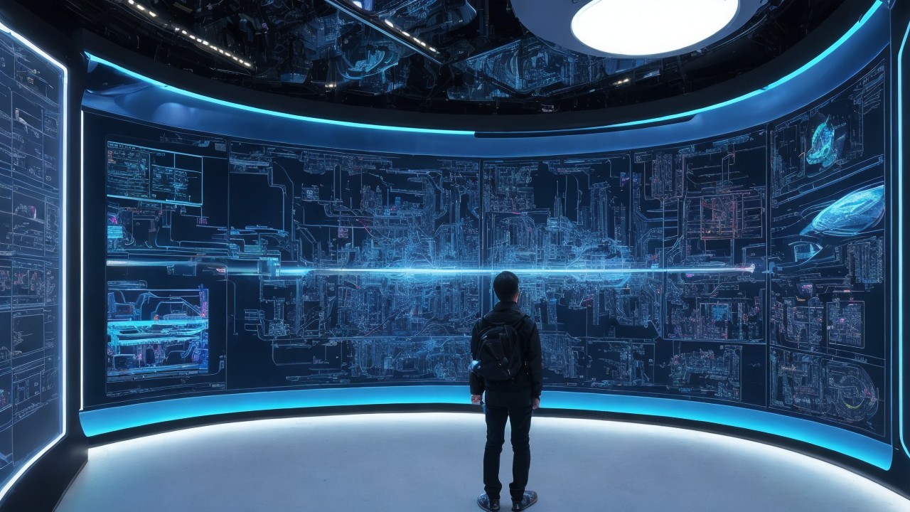 Person Observing Futuristic Schematics in High-Tech Setting