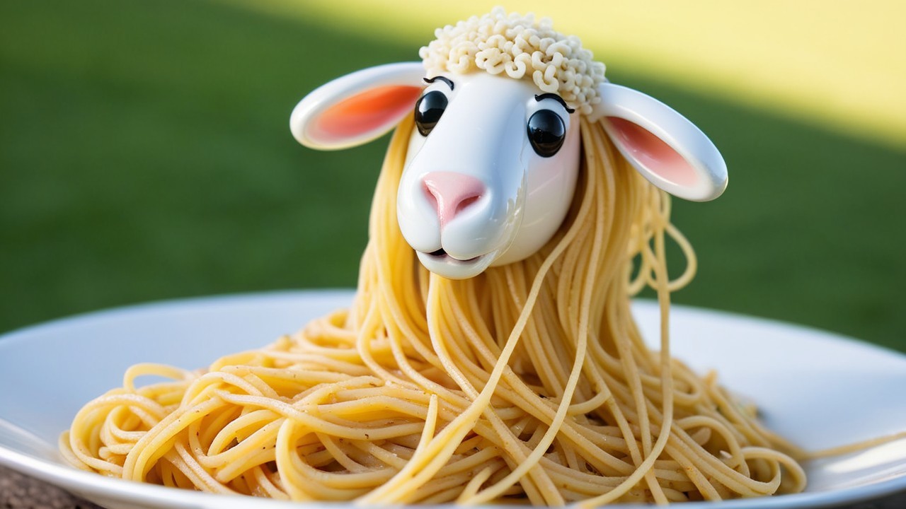 Whimsical Ceramic Sheep Head with Spaghetti Mane