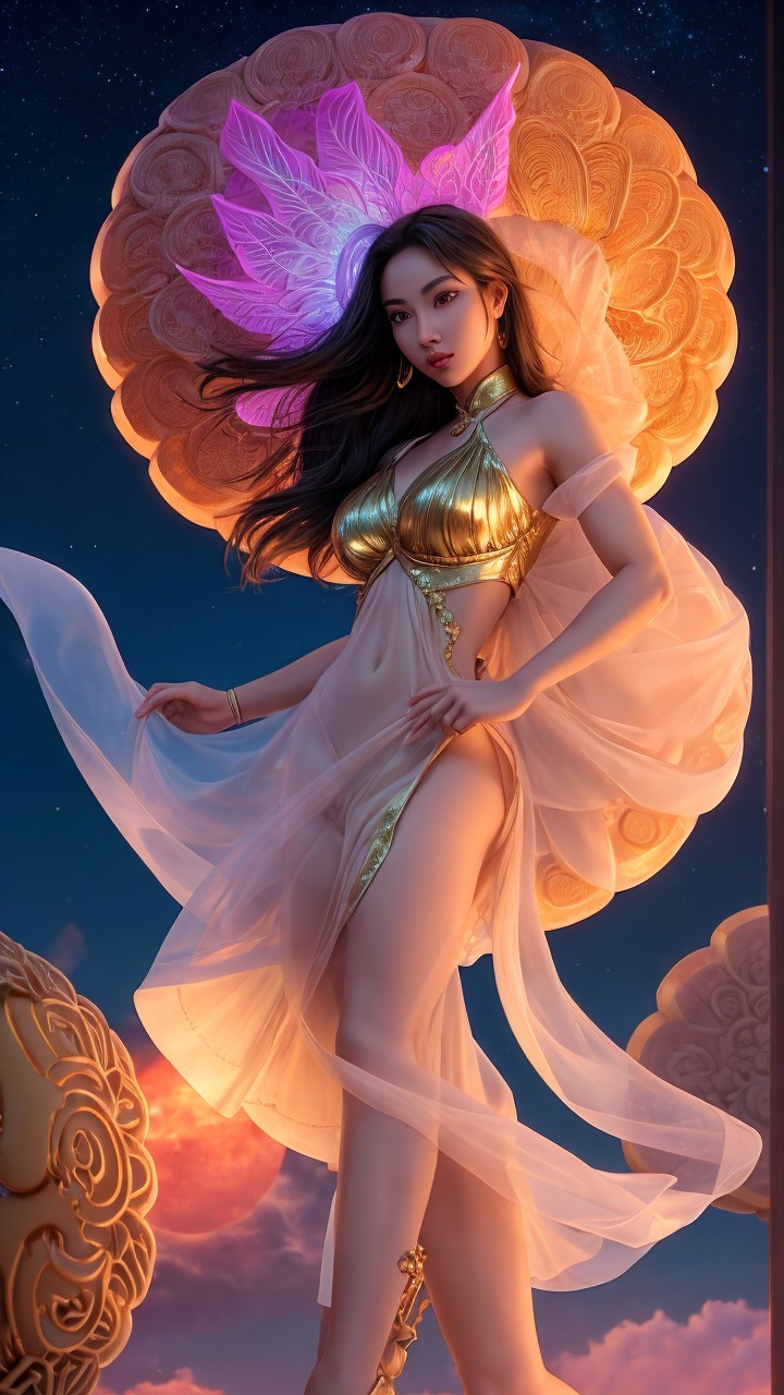 Elegant Figure in Golden Outfit Against Twilight Sky