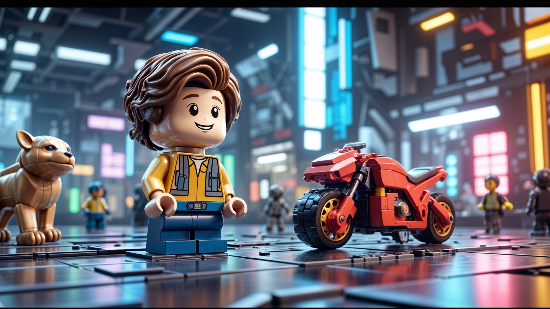 Cheerful LEGO Figure with Motorcycle and Dog in Futuristic Scene