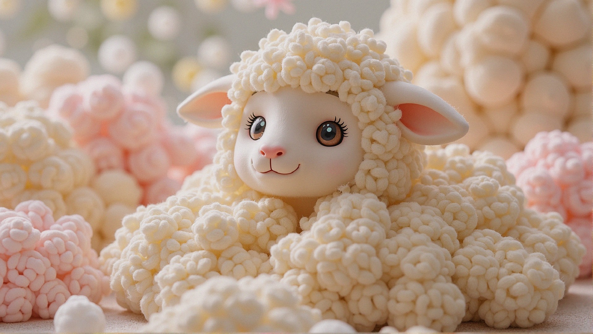 Whimsical Sheep Figurine Surrounded by Pastel Pom-Poms