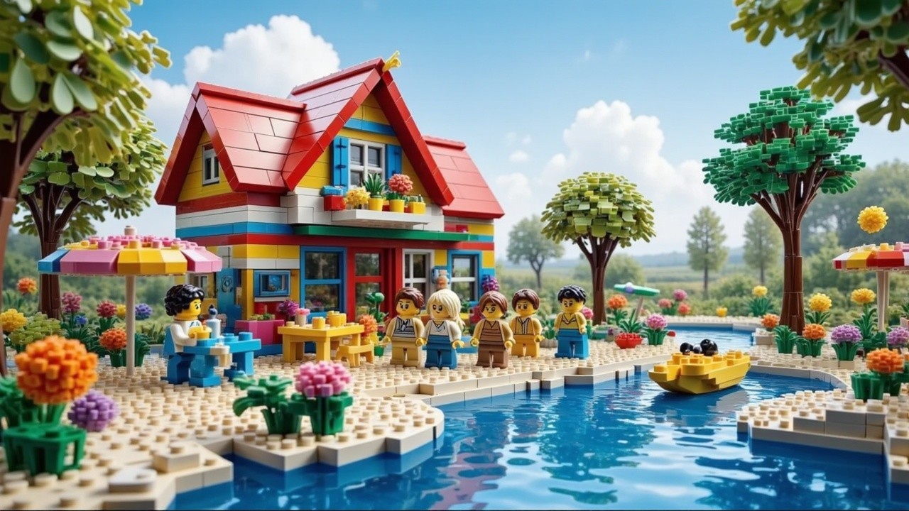 Colorful Lego Scene with House and Pond Setting