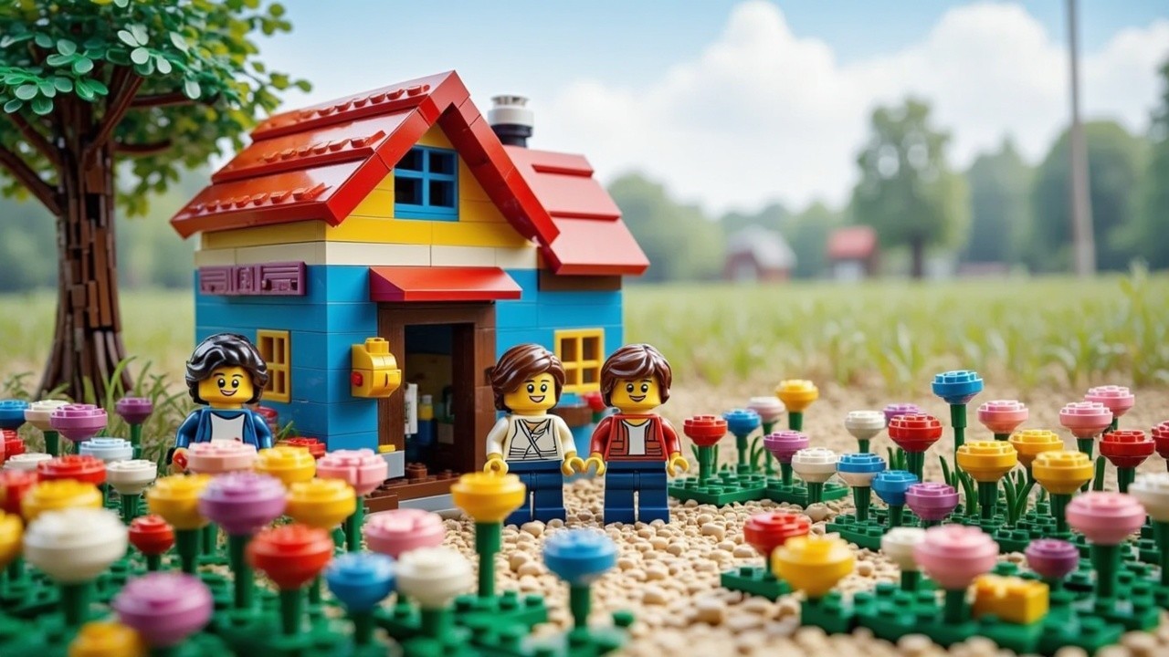 Colorful LEGO House with Garden and Cheerful Figures