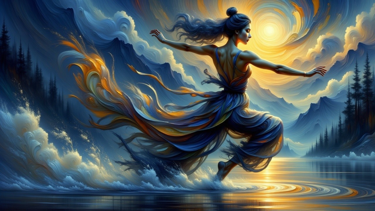Dancer Amidst Turbulent Waters and Sunset Hues