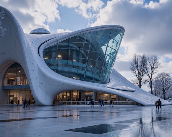 Modern Futuristic Building Surrounded by Snowy Trees