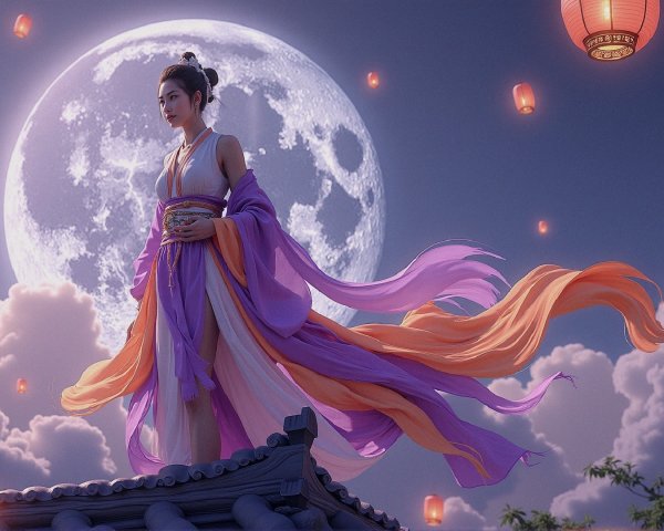 Serene Figure on Rooftop Under Full Moon and Lanterns