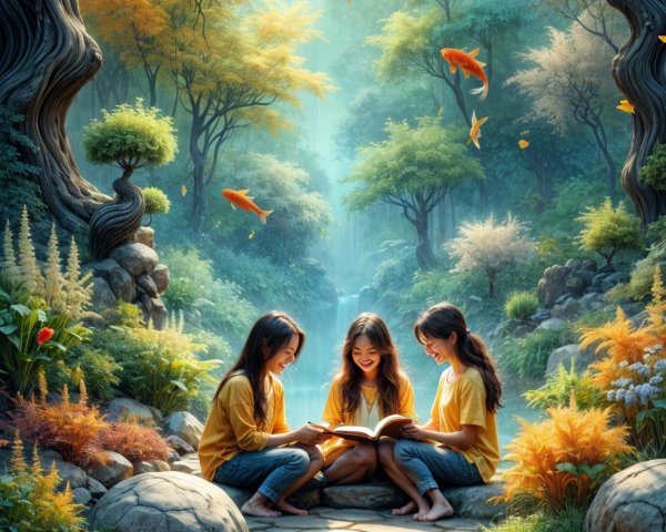 Three Girls Reading by a Tranquil Autumn Pond