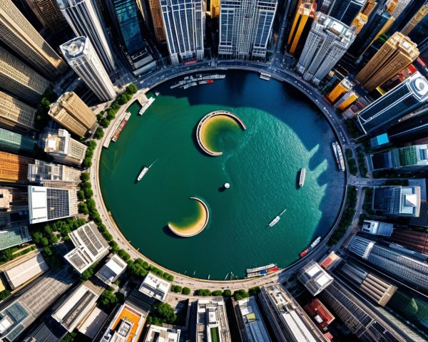 Aerial View of Urban Landscape with Waterway and Skyscrapers
