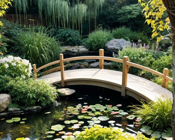 Serene Garden with Wooden Bridge Over Tranquil Pond
