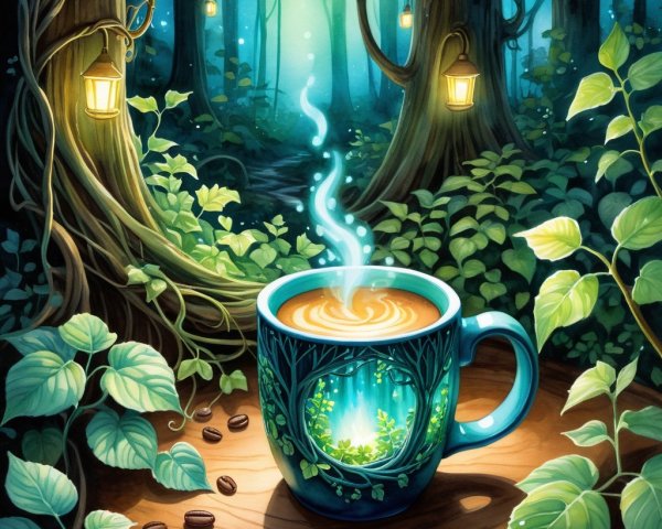 Ornate Coffee Mug in a Lush Forest Setting