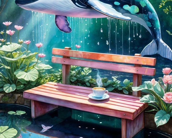 Whale Above Tranquil Pond with Water Lilies and Bench