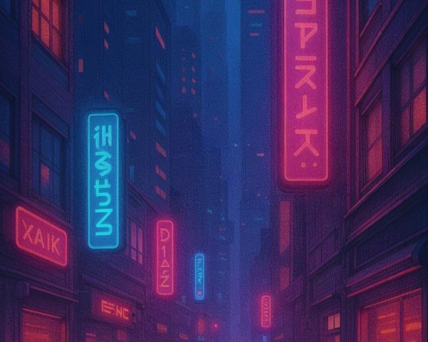 Futuristic cityscape with neon-lit dark alleyway