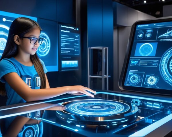 Young girl using futuristic touchscreen in high-tech setting