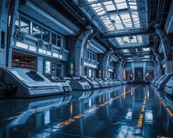 Futuristic industrial corridor with metallic pods and lighting