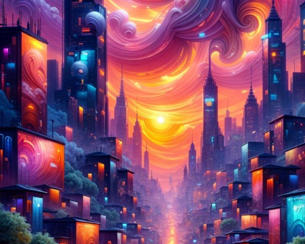 Twilight Cityscape with Illuminated Skyscrapers