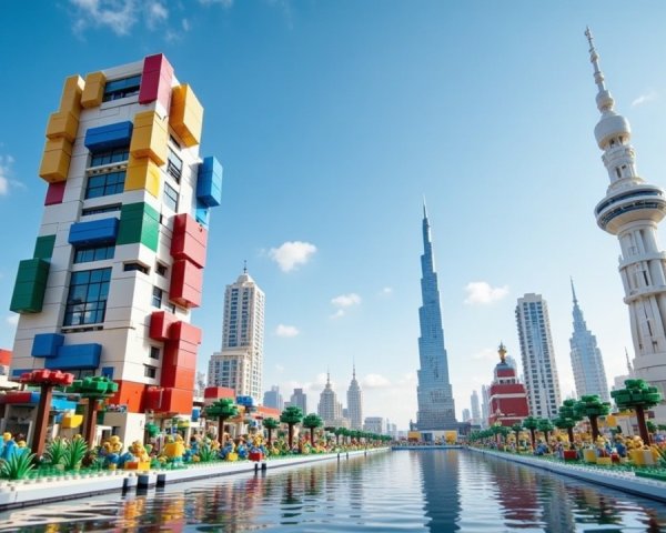 Colorful LEGO Cityscape with Canal and Skyscrapers