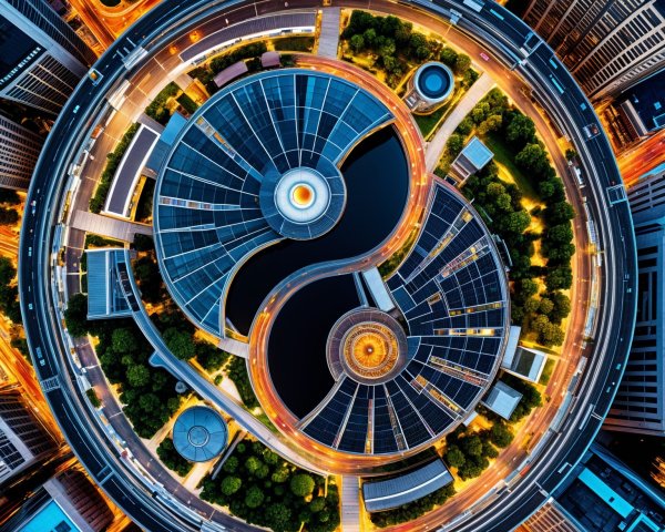 Aerial View of Circular Urban Complex with Yin-Yang Design