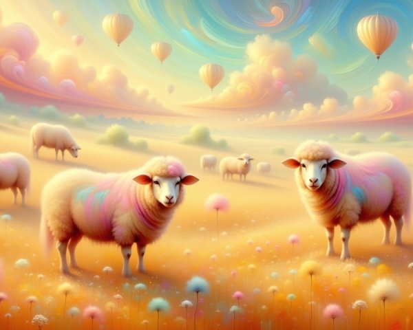 Whimsical Landscape with Sheep and Hot Air Balloons