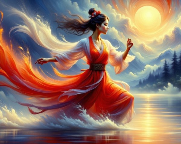 Woman in Red Dress Wading Through Shimmering Water