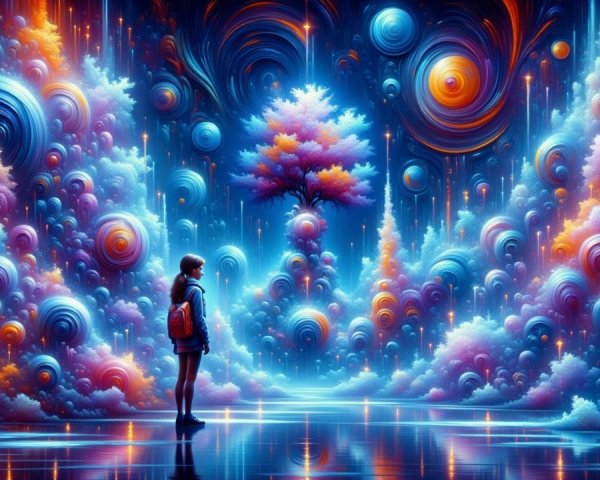 Serene Figure in Vibrant Dreamlike Landscape