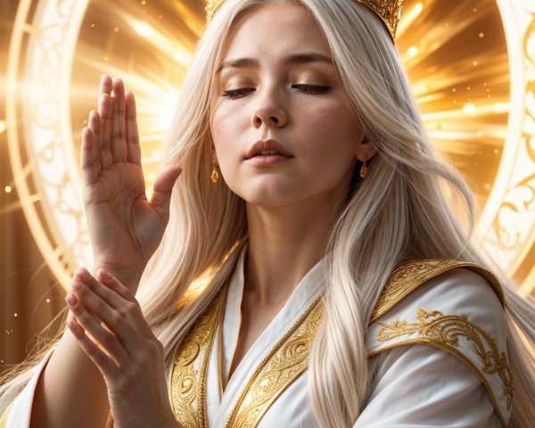 Serene Figure in White Robes and Golden Crown