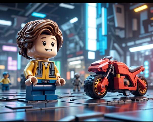 Cheerful LEGO Figure with Motorcycle and Dog in Futuristic Scene