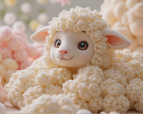 Whimsical Sheep Figurine Surrounded by Pastel Pom-Poms