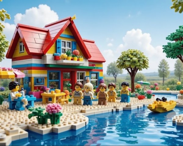 Colorful Lego Scene with House and Pond Setting