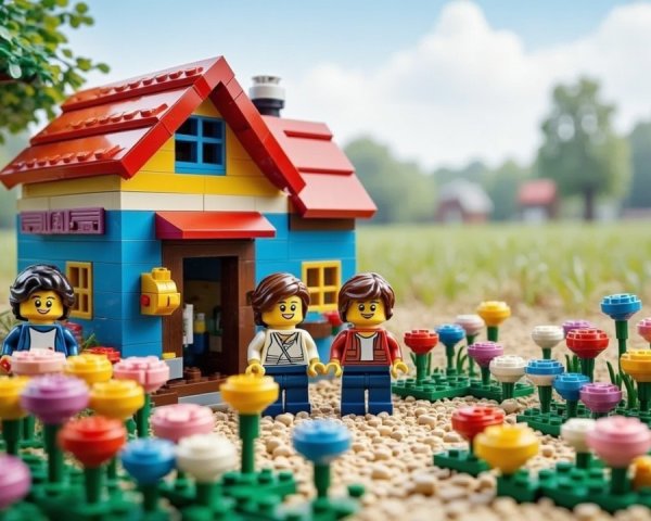 Colorful LEGO House with Garden and Cheerful Figures