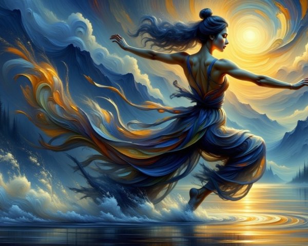 Dancer Amidst Turbulent Waters and Sunset Hues