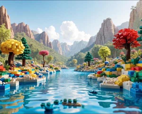 Colorful LEGO Landscape with Hills and River Reflection