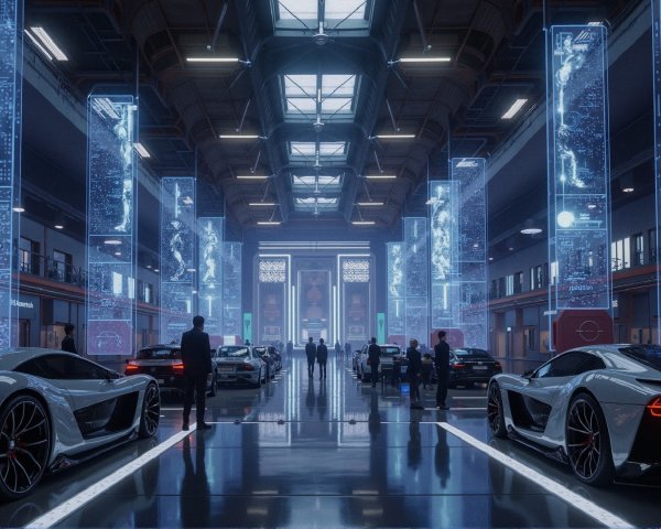 Futuristic Automotive Showroom with High-Tech Supercars