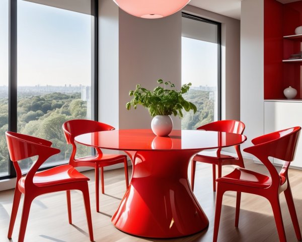 Modern Dining Area with Red Table and Chairs