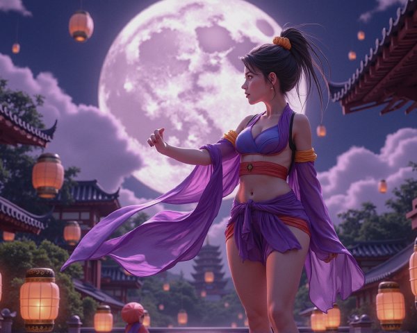 Young Woman in Lantern-Lit Garden Under Full Moon