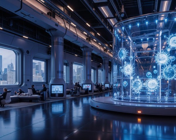 Futuristic High-Tech Workspace with City Skyline View