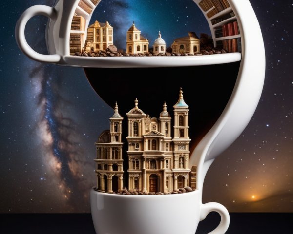 Whimsical Coffee Cup with Surreal Miniature Scene