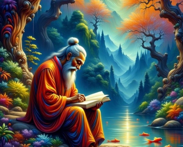 Elderly man reading by a tranquil autumn lake