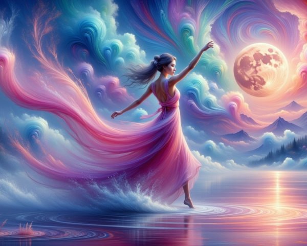 Woman in Pink Dress Walking on Water at Night