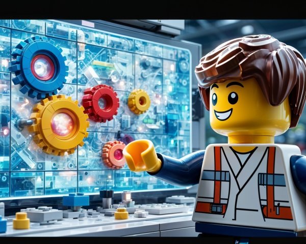 Cheerful LEGO Figure at Futuristic Control Panel