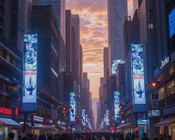 Twilight Urban Scene with Skyscrapers and Pedestrians