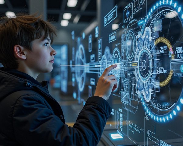Young Boy Engaged with Futuristic Holographic Display