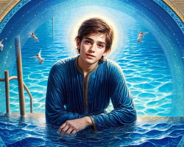 Serene figure in turquoise by shimmering blue waters