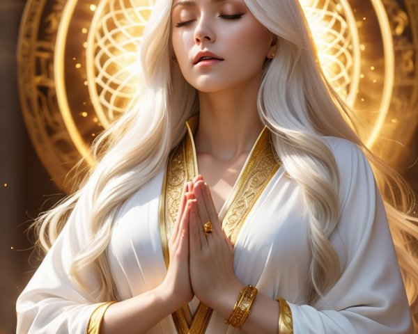 Serene figure in white robes with golden crown and halo