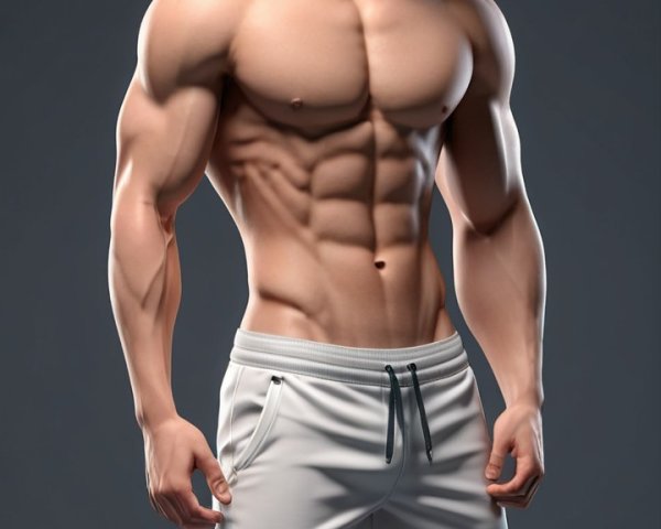 Muscular Young Man in Light Gray Shorts on Gray Background