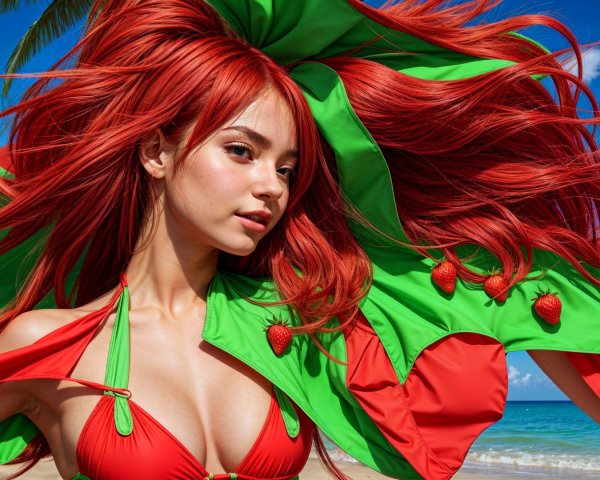 Young woman in red bikini with vibrant cape on beach