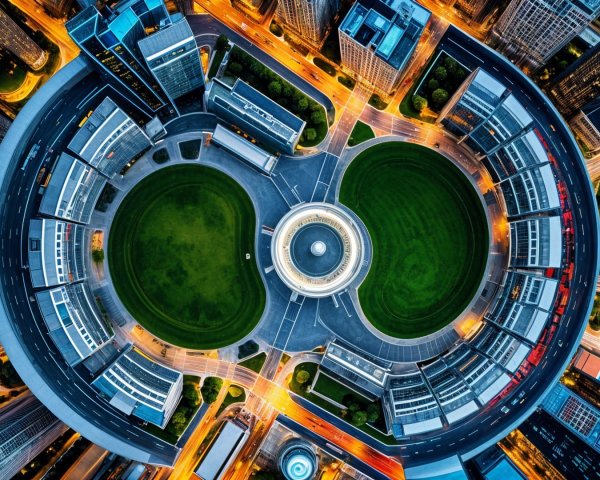 Circular Urban Layout with Parks and Modern Buildings