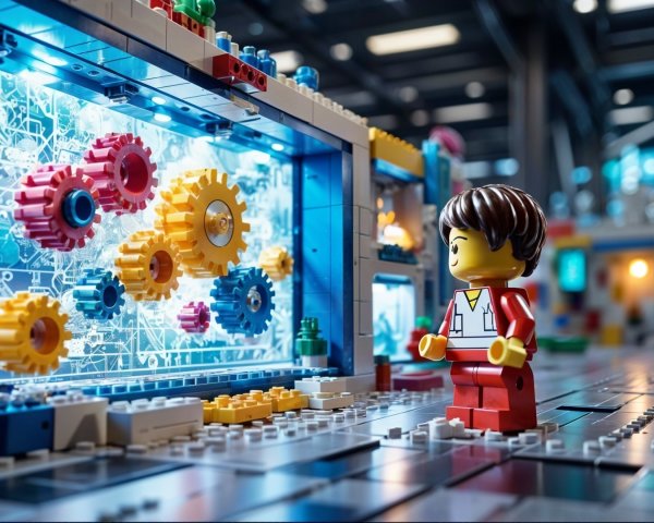 Vibrant LEGO Scene with Colorful Gears and Miniature Figure