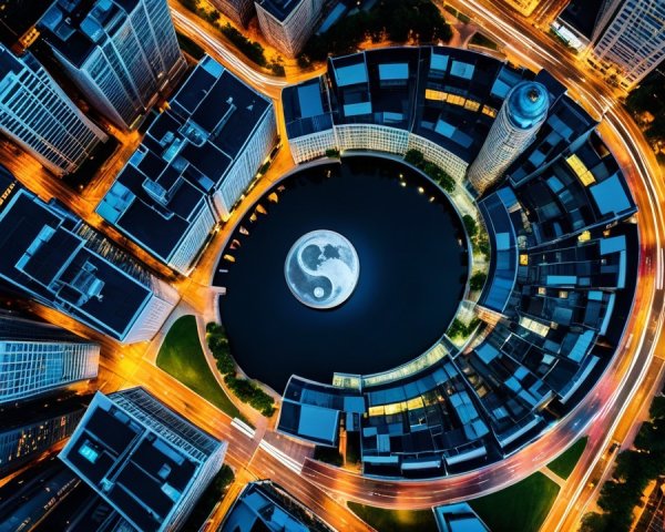 Aerial View of Urban Landscape with Yin-Yang Reflection