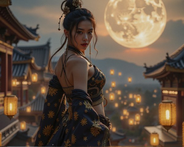 Twilight Scene of Woman in Traditional Attire Over Town